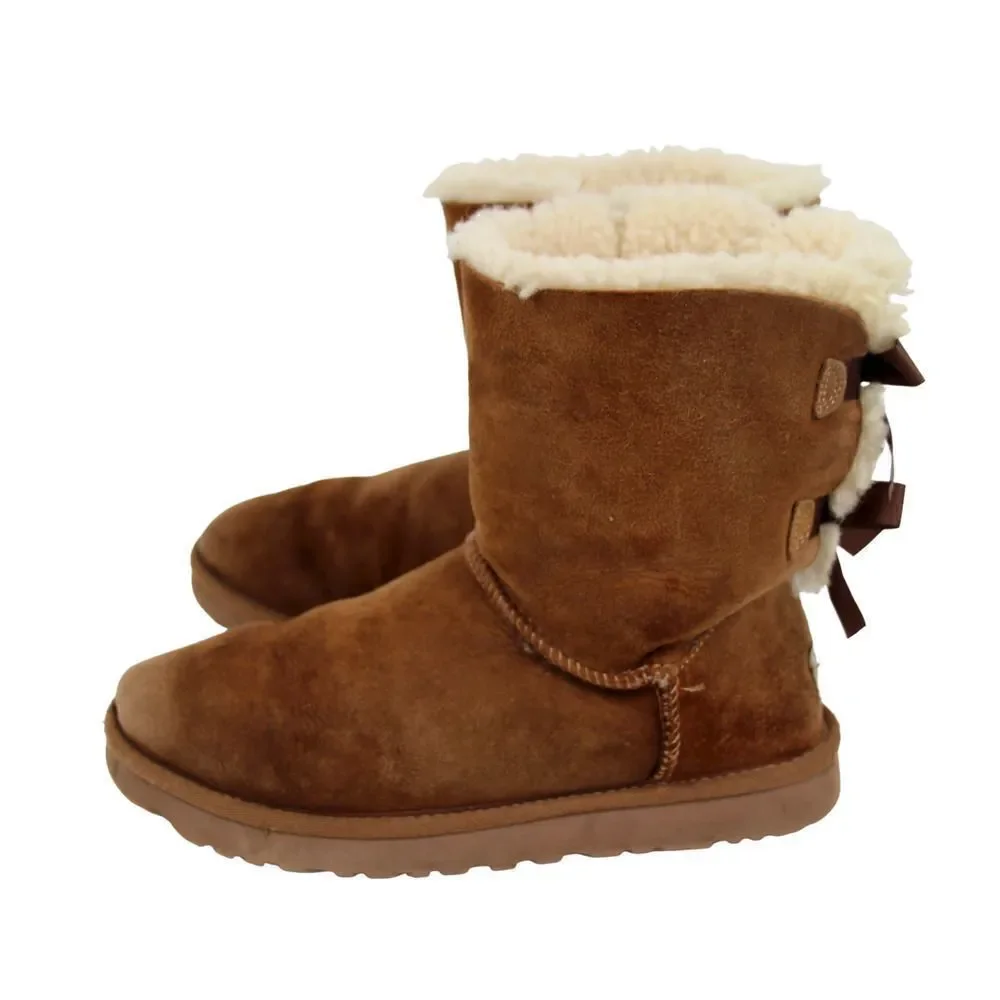 UGG BROWN GENUINE LEATHER SHEEP FUR SHEARLING BACK TIES BOOTS SHOES SIZE 7 38